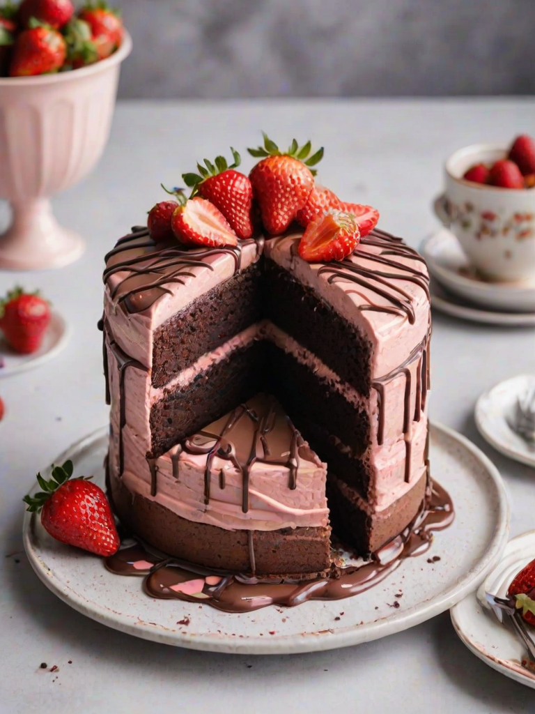 Generate an image of a chocolate cake with a smooth pink frosting, topped with fresh strawberries and chocolate drizzle. The cake should be partially sliced to show layers of chocolate cake, strawberry filling, and cream. Include two plates with slices of the cake, and a simple, elegant background.