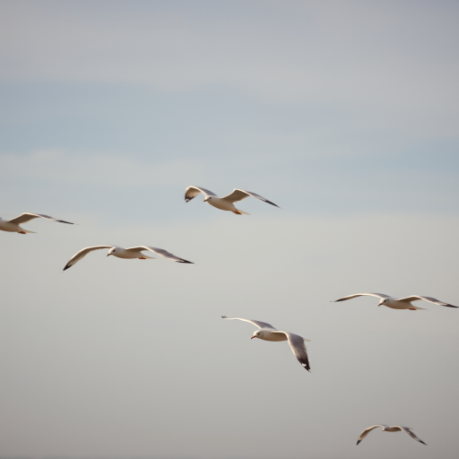Capture a dynamic scene of seagulls in flight against a soft gradient sky, using a Canon EOS R5, 85mm lens, f/2.8 aperture, ISO 100, shooting at a high shutter speed of 1/1000s for clarity and detail, in vibrant color with minimal post-processing.