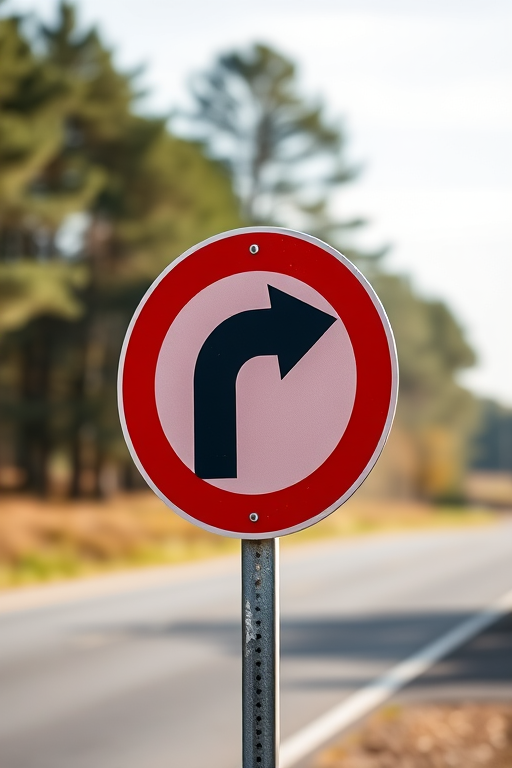 Create a high-resolution image of a right turn road sign with a vibrant red border and clear black arrow, using a DSLR camera, f/4 aperture, ISO 100, 50mm lens, in natural daylight with a shallow depth of field.
