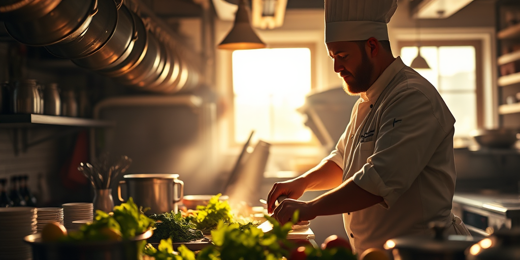 Warmly lit close-up of a chef chopping fresh vegetables in a bustling kitchen, soft natural light streaming through a nearby window, with pots and pans hanging from the ceiling and a sense of energy and movement in the air.