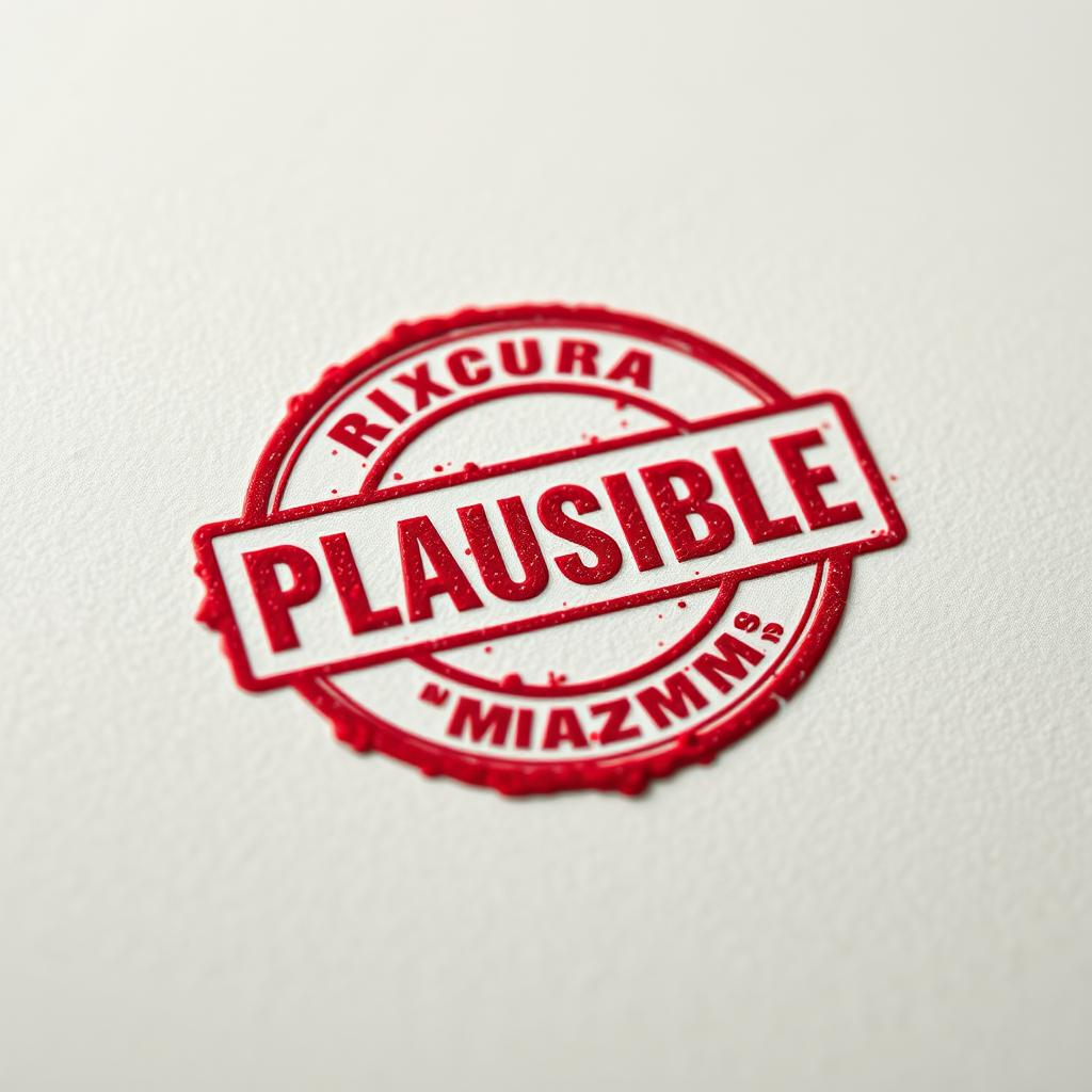 Create an image of a bold red stamp with the word PLAUSIBLE in a distressed font, using a 50mm lens, aperture f/1.8, ISO 100, in a close-up view, with soft natural lighting, captured with a DSLR camera for high resolution and detail.