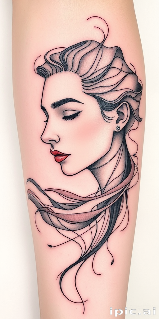 Continuous line tattoo named "Fluid Motion" depicting a complex scene or portrait using a single, unbroken line that weaves and loops to create depth and form, recognized for its minimalist yet expressive style