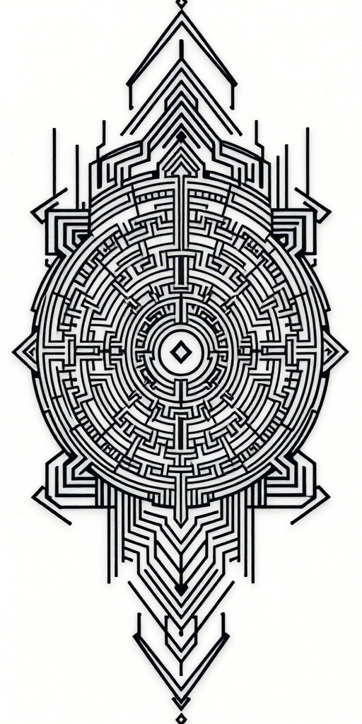 Intricate blackwork tattoo called "Geometric Labyrinth" showcasing a complex maze-like pattern of interconnected lines and shapes forming a mesmerizing optical illusion with bold contrasts and precise symmetry