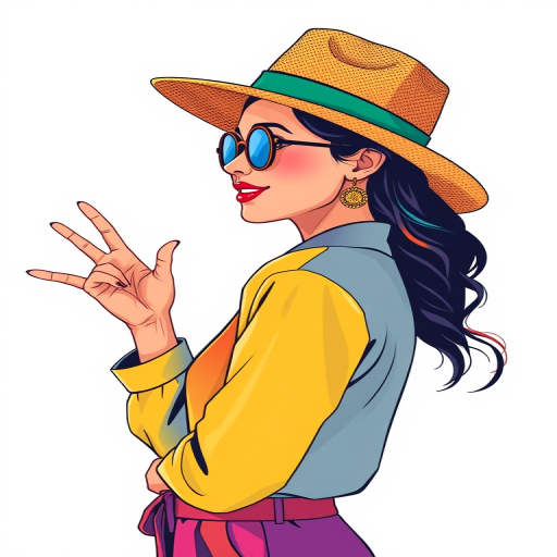 Generate a vibrant illustration of a woman in a colorful outfit with a hat, positioned in profile with a playful hand gesture, set against a simple background, using a 50mm lens at f/2.8, natural lighting, and a digital illustration style to achieve a clean and modern look.