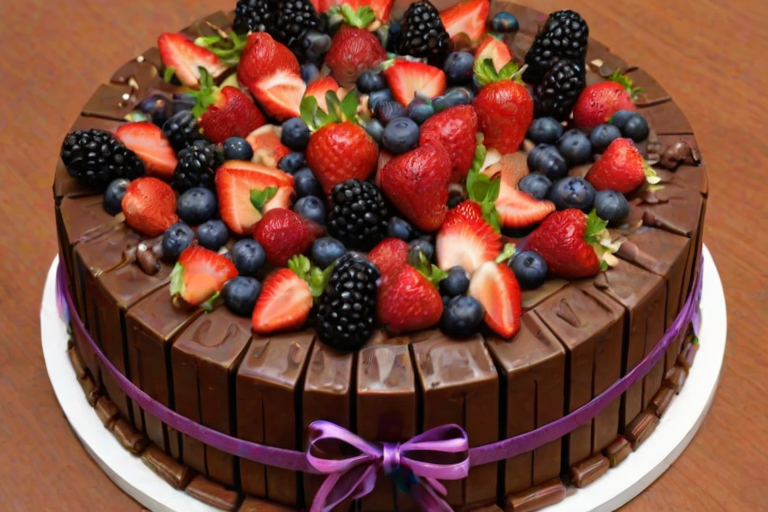Create an image of a round chocolate cake surrounded by Kit Kat bars, topped with a vibrant assortment of fresh berries such as strawberries, blueberries, raspberries, and blackberries. The cake should have a decorative ribbon tied around it, and the setting should be a bright kitchen with a modern feel.