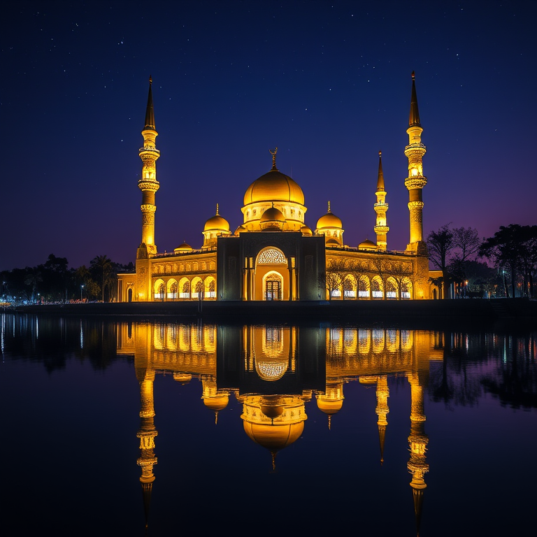 high-resolution night shot of an illuminated mosque with golden domes and minarets reflecting in water, DSLR camera, f/2.8 aperture, ISO 100, 24mm lens, long exposure for enhanced light capture, twilight setting with starry sky background
