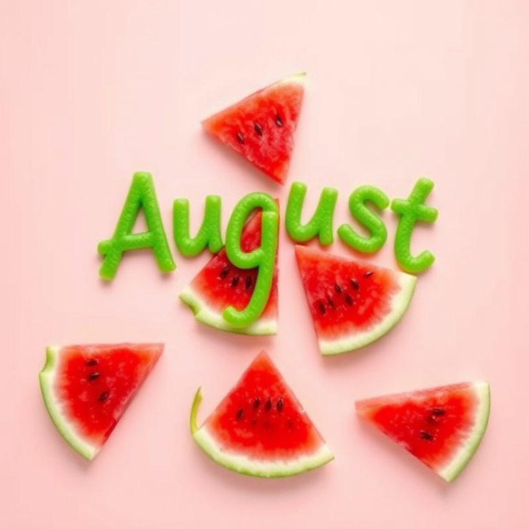 Create a vibrant digital illustration of watermelon slices arranged artistically on a pastel background, featuring the word "August" in bold green lettering, using a Canon EOS R5 camera, f/2.8 aperture, 50mm lens, ISO 100, soft lighting, and top-down view to enhance color saturation and detail.