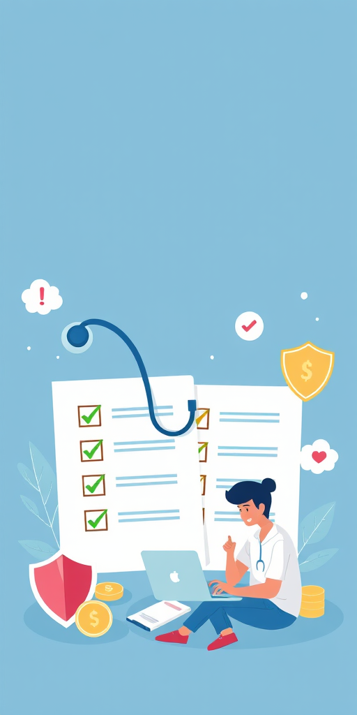 Create a digital illustration of health insurance concepts, featuring documents with checkmarks, a stethoscope, a person discussing with another at a laptop, and icons of shields and money, using a wide-angle lens, f/8 aperture, ISO 100, in high-resolution, vector style, with a bright color palette and clear, modern design.