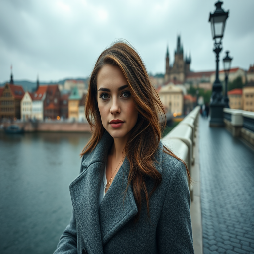 cinematic pphoto from above, waist up shot, sharp focus, a beautiful woman in foreground, in Prague, at the Charles Bridge, river in background, overcast rainy day, wearing long grey wool coat, warm rich color palette