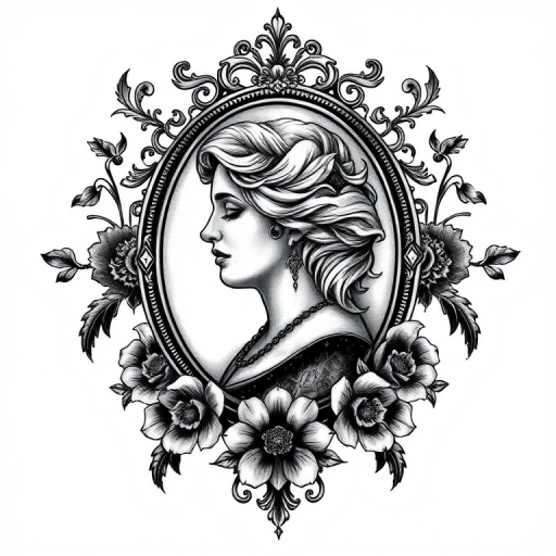 Gothic Victorian tattoo featuring an intricate cameo portrait surrounded by ornate filigree and dark floral elements, rendered in a monochromatic palette with subtle gray shading