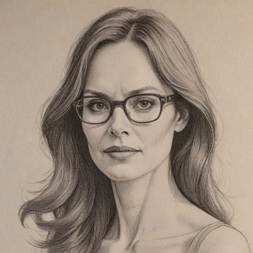 Captivating Lesley Ann Warren, pencil sketch, portrait of Pleasing woman 1977s in glasses, hair style beatnik, outline, clear lines, fine lines, 8k