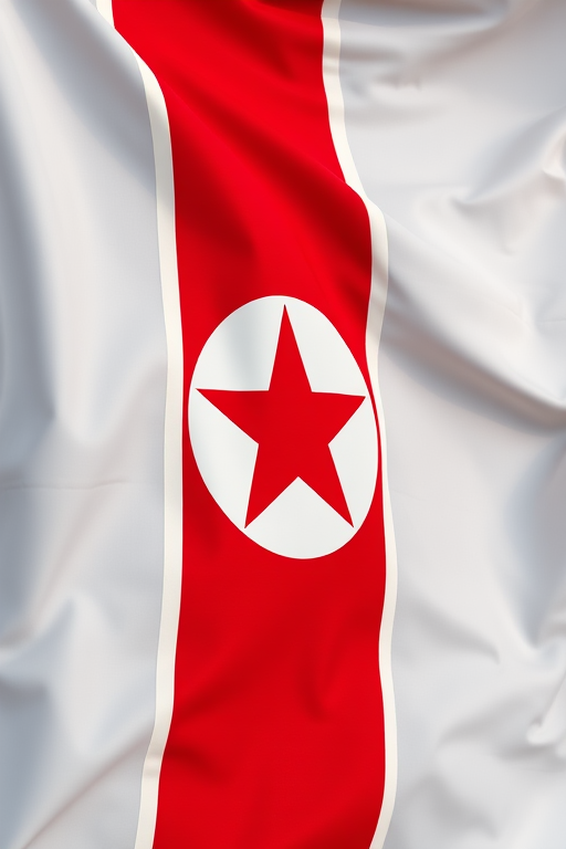 Create an image of the North Korean flag with high resolution settings, using a DSLR camera, aperture set to f/8 for depth of field, 50mm lens, natural lighting, and a focal length of 50mm.