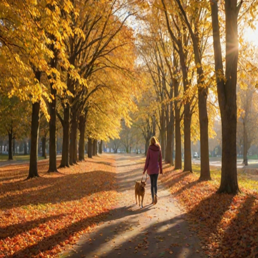 Colorful autumn landscape, with leaves falling gently from trees, a woman walking her dog along a leaf-strewn path, and the sun shining warmly through the branches.