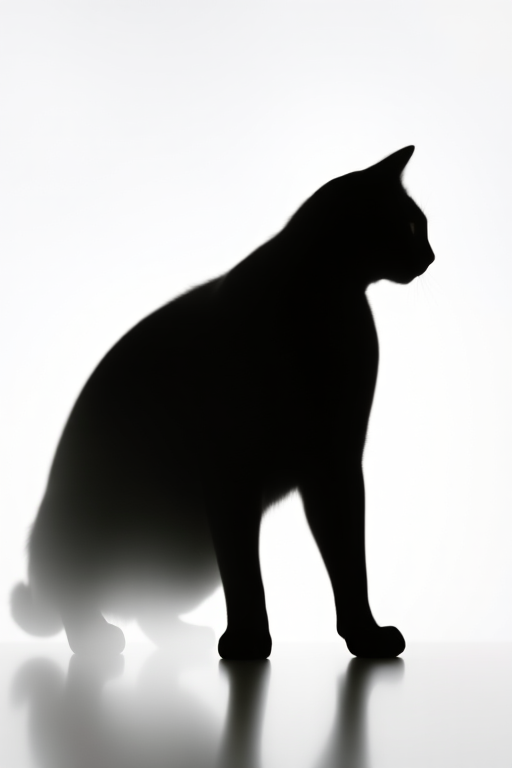 Create an image of a stylized black cat silhouette on a white background, captured with a Canon EOS 5D Mark IV using a 50mm lens at f/1.8, ISO 100, and a soft focus effect for an artistic touch.