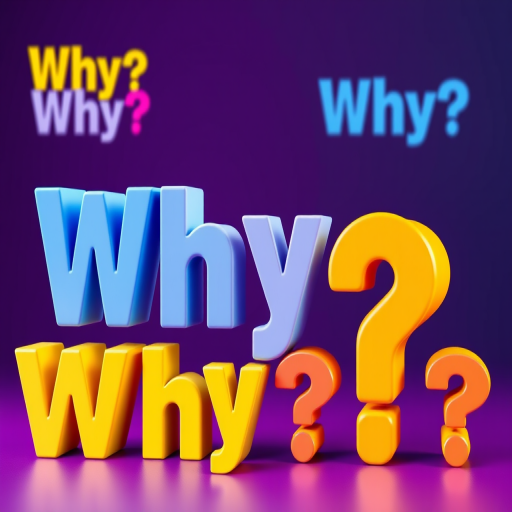 Create an image of colorful, 3D text displaying the word "Why?" in various sizes and orientations, with a deep purple gradient background, using a DSLR camera with a 50mm lens, aperture set to f/1.8, ISO 100, and a slight bokeh effect.