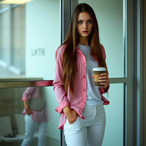 A young woman with long brown hair stands with her back against a glass door, wearing a pink button-down shirt over a white T-shirt and white pants, holding a cup of coffee in her right hand. The woman is looking directly at the viewer, her expression is neutral. Her right hand is tucked into the pocket of her pants while her left hand holds the coffee cup. The lighting is soft and natural, highlighting her features. The background is blurred, with the focus on the woman. The photo is taken from a slightly elevated perspective, showcasing the woman's full figure.