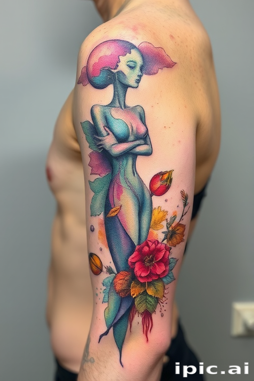 Surrealist watercolor tattoo dubbed "Dreamscape Fusion" blending elements of nature and the human form in a fluid, dreamlike composition, with soft washes of pastel colors melting into each other and morphing recognizable objects into fantastical new creations, perfect for those who appreciate abstract and thought-provoking art