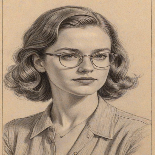 Captivating Clara McGregor, pencil sketch, portrait of Superb woman 1938s in glasses, hair style beatnik, outline, clear lines, fine lines, 8k