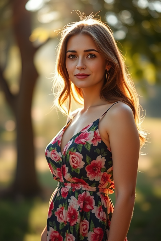 portrait of a woman in a floral dress standing in a sunlit outdoor setting with a soft bokeh background using a Canon EOS R5, 50mm lens, aperture f/1.8, ISO 100, 1/250s