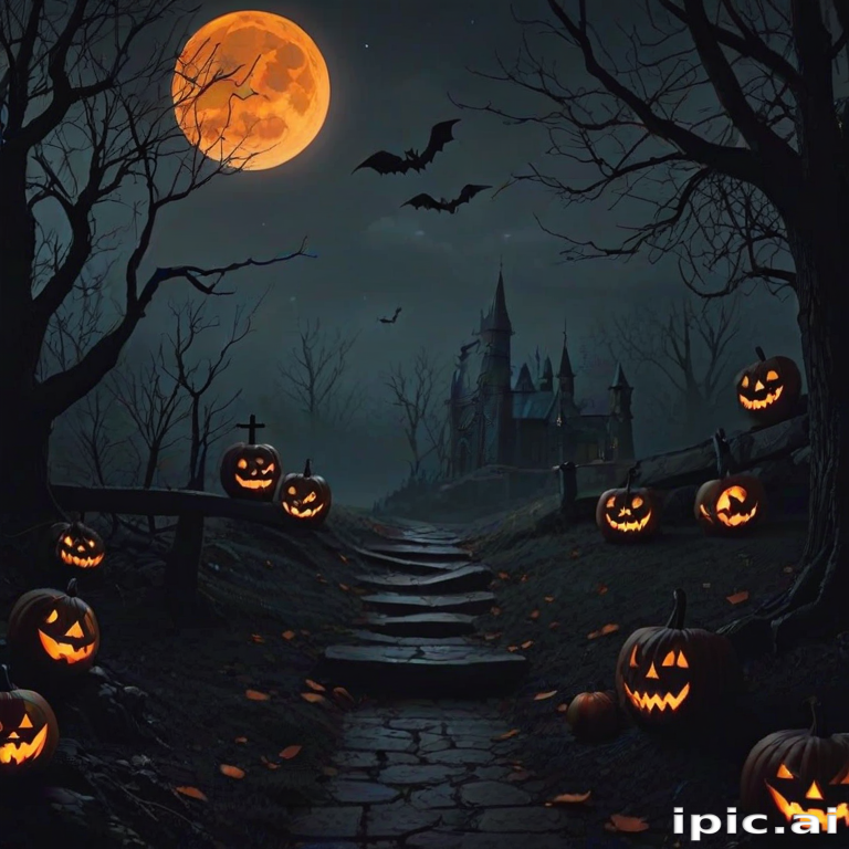 Spooky Halloween Night with Jack-o'-Lanterns and a Haunted Castle