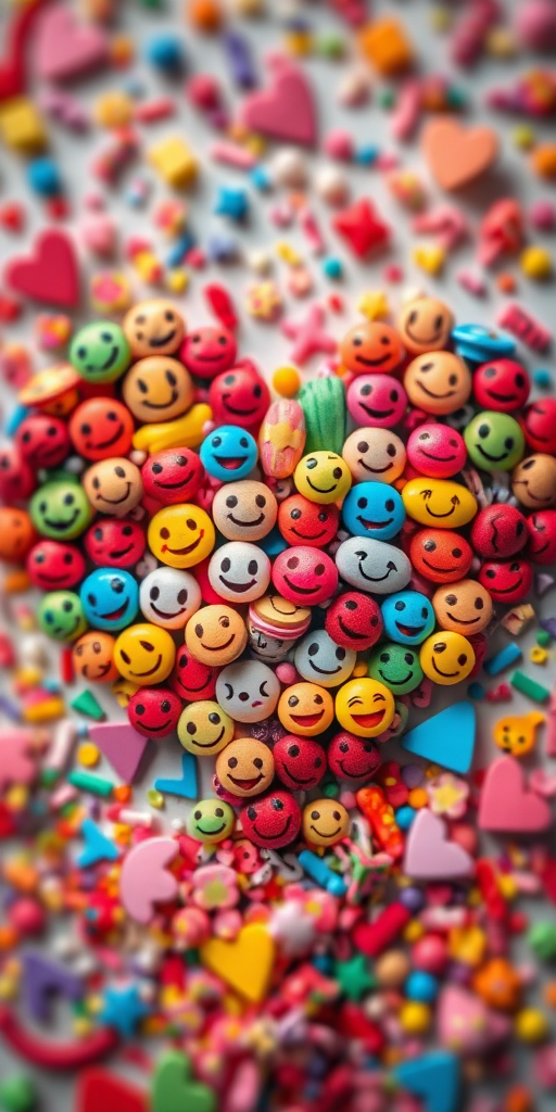 Create a vibrant heart shape filled with colorful, miniature smiling faces and abstract shapes, using a Canon EOS R5 camera at f/2.8, shutter speed 1/100s, ISO 200, with a macro lens for intricate detail and a soft focus background for depth.