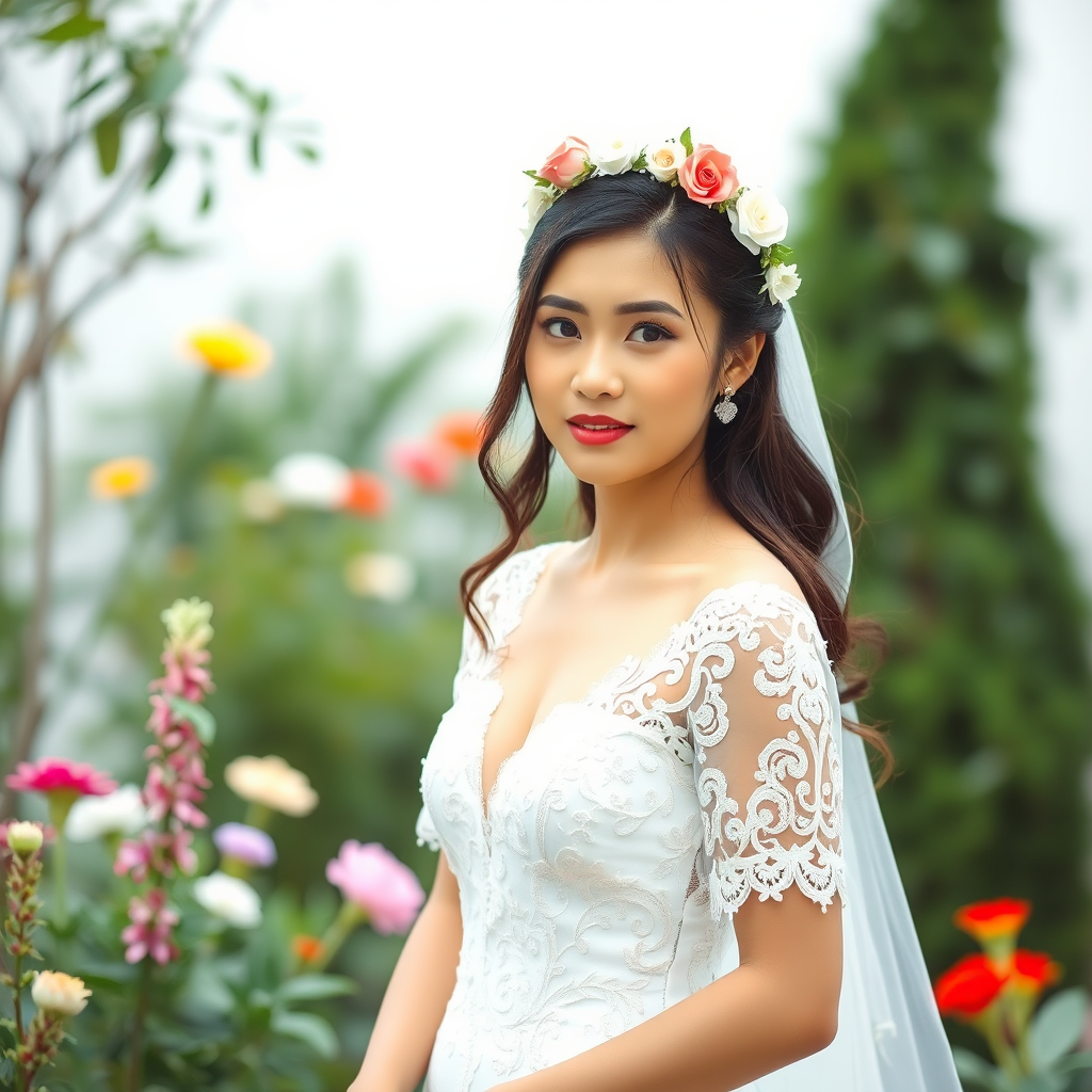 garden scene, Filipina bridal model, delicate lace gown, floral headpiece, soft romantic focus, high-key lighting and an 85mm lens for soft, even tones that highlight the model’s face and bright outfit against a white or light background