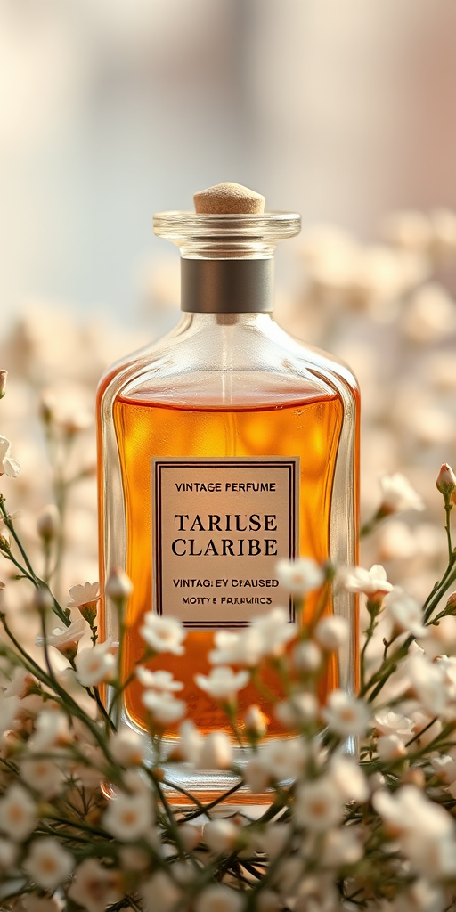 create a high-resolution image of a vintage perfume bottle surrounded by delicate white flowers in a soft-focus background, using a DSLR camera with a 50mm lens, aperture f/2.8, ISO 100, and a shallow depth of field for bokeh effect, capturing warm natural lighting to enhance colors and textures