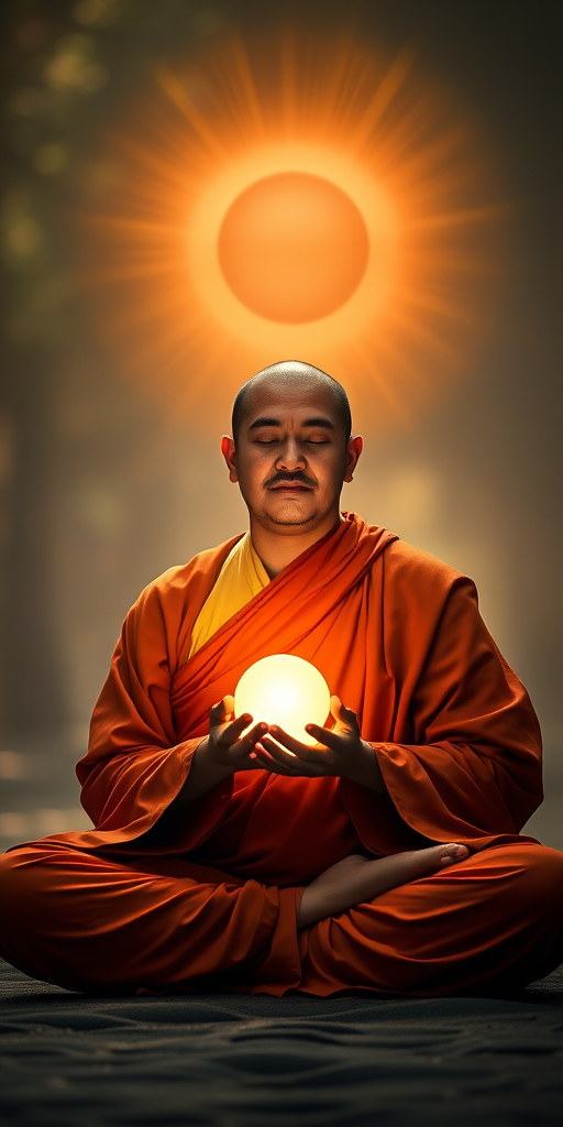 Create an image of a serene monk meditating with a glowing orb in his hands, surrounded by a radiant halo, captured with a Canon EOS R5, 50mm f/1.2 lens, at f/2.8,ISO 200, soft diffused lighting, and a slight bokeh effect in the background for enhanced depth and clarity.
