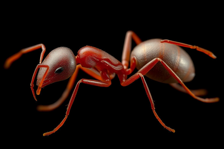 Generate a high-resolution 3D render of a red ant, side view, with detailed textures, using a DSLR camera, f/8 aperture, 50mm lens, 1/200s shutter speed, and soft diffused lighting for enhanced clarity and depth.