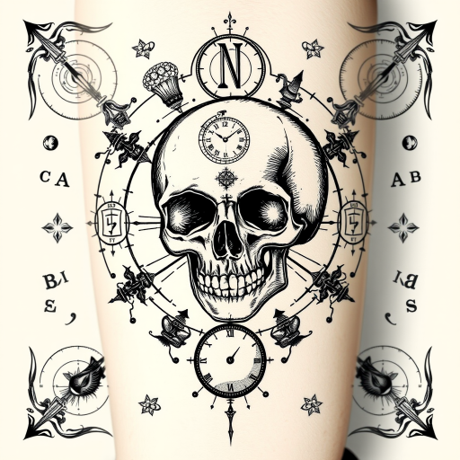 Etching-style tattoo called "Memento Mori" featuring a detailed skull surrounded by symbols of mortality and the passage of time, rendered entirely in fine black lines to mimic engraved illustrations