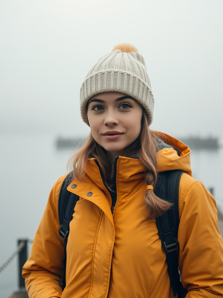 Portrait of a young woman in a yellow jacket and knitted hat standing on a foggy pier, natural lighting, shallow depth of field, ISO 200, aperture f/2.8, 50mm lens, captured with a DSLR camera in landscape orientation.