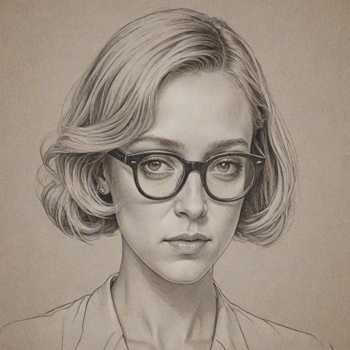 Beauteous Chloe Sevigny, pencil sketch, portrait of Elegant woman 1955s in glasses, hair style beatnik, outline, clear lines, fine lines, 8k