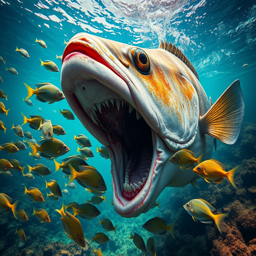 Regenerate a surreal underwater scene featuring a giant fish with an exaggerated open mouth, surrounded by smaller fish swimming out, high detail, vibrant colors, 50mm lens, f/2.8 aperture, ISO 100, wide-angle view, DSLR camera, natural lighting.