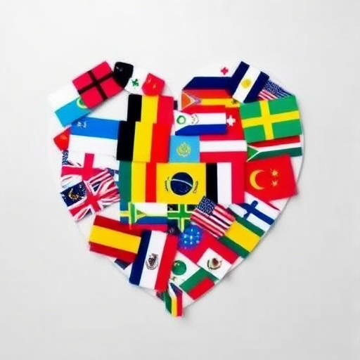 Create a heart shape filled with flags from various countries, using a high-resolution camera with a 50mm lens, f/1.8 aperture, ISO 100, and natural light, capturing a flat lay view for vibrant colors and sharp details.