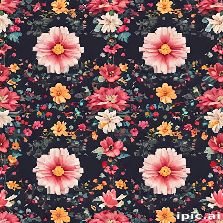 Vibrant Floral Pattern Featuring Colorful Blooms on a Dark Background