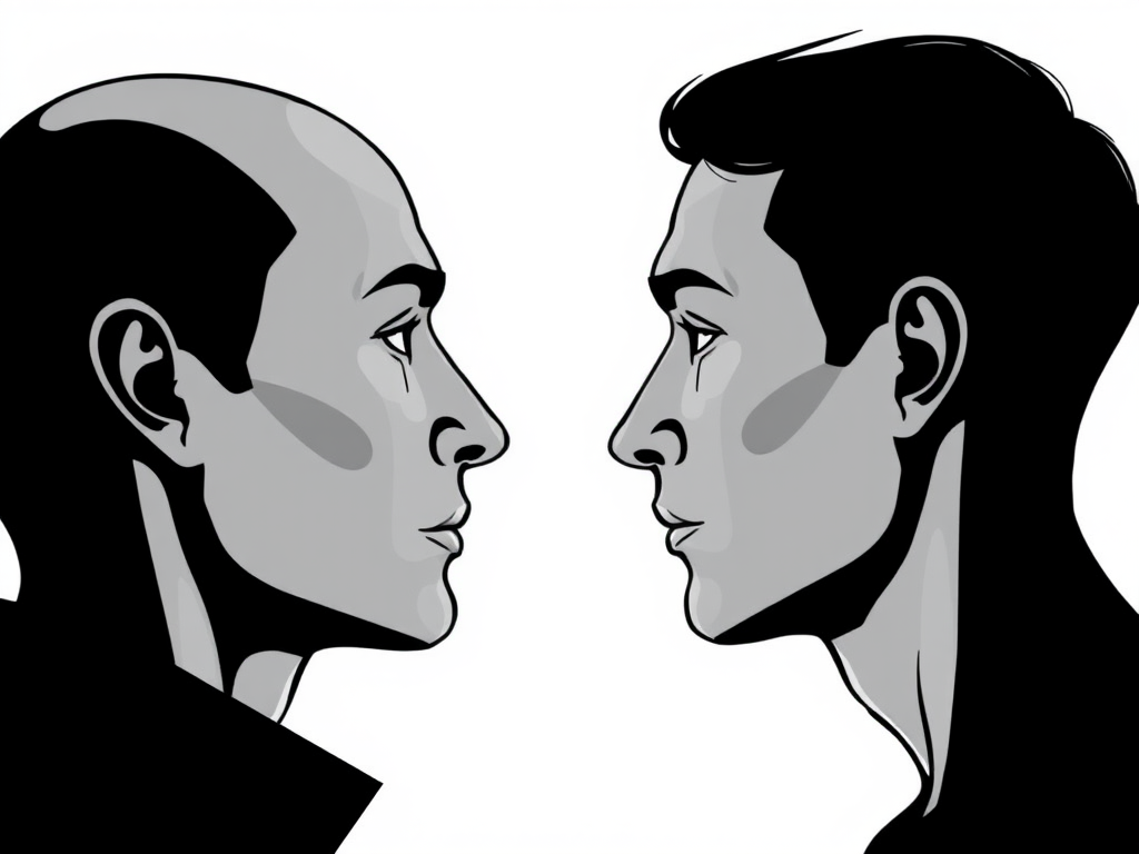 Create a high-contrast black and white illustration of two human profiles facing each other, using a DSLR camera with a 50mm lens, aperture f/2.8, ISO 100, and soft focus background for enhanced clarity and depth.