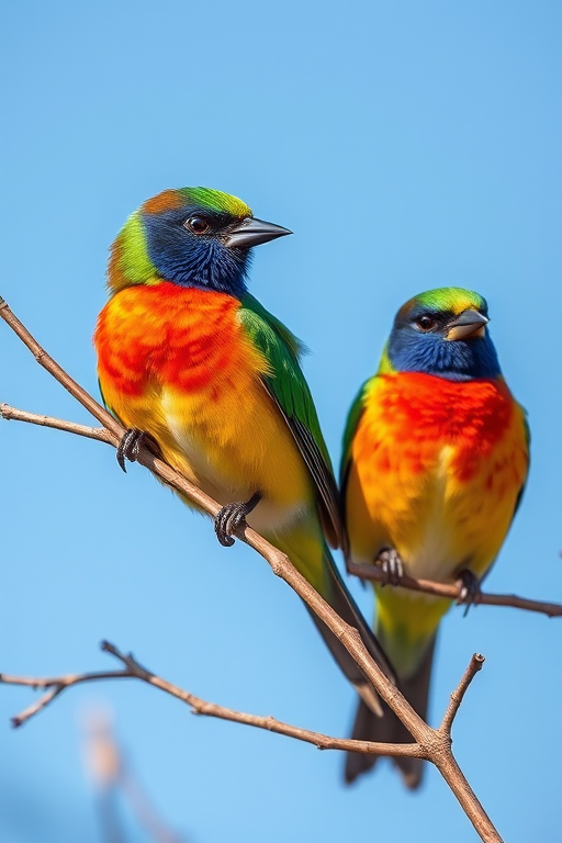Capture two vibrantly colored birds perched on thin branches with a clear blue sky background, using a Canon EOS R5, 100mm f/2.8 macro lens, ISO 200, f/4, 1/1000s shutter speed, natural light for enhanced detail and clarity.