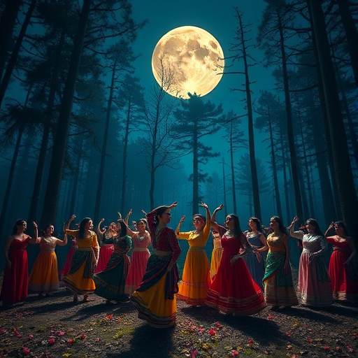 Generate an enchanting scene of numerous dancers in colorful traditional dresses under a large full moon in a mystical forest, captured with a Canon EOS R5, 24mm lens, f/1.8 aperture, ISO 200, 1/60 second exposure, and soft focus to create a dreamy atmosphere.