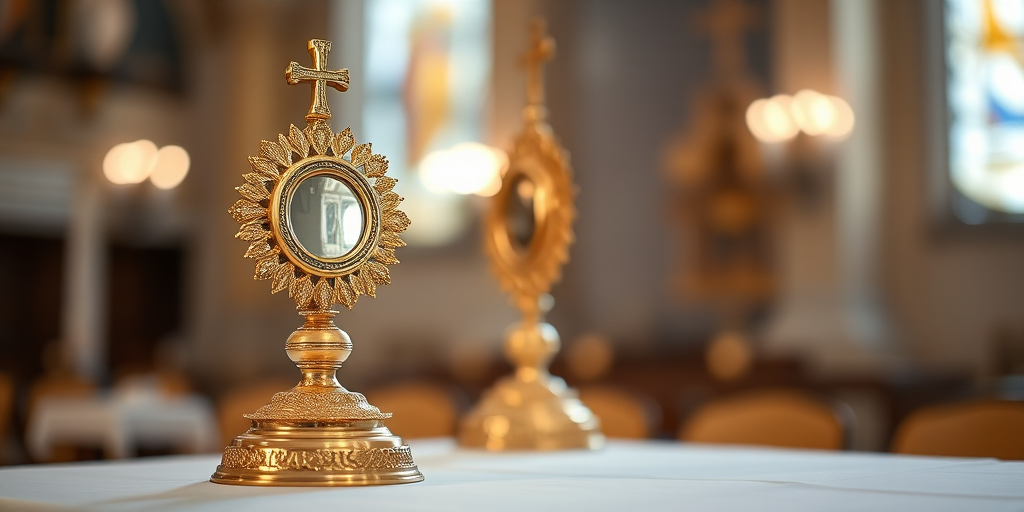 capture a detailed close-up of a gold monstrance on a white table with soft bokeh lights in the background, using a 50mm lens at f/1.8, ISO 200, and a shutter speed of 1/100s, with a Canon DSLR camera in low light setting to enhance image quality
