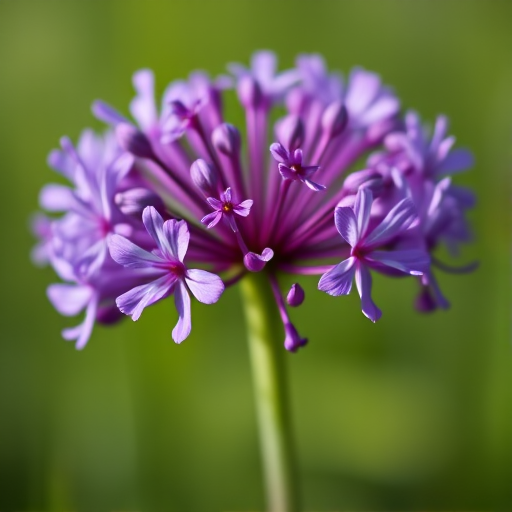 macro shot of a vibrant purple allium flower with a blurred green background, f/2.8 aperture, 1/250 sec shutter speed, ISO 100, taken with a DSLR camera using a 100mm macro lens, natural light for enhanced clarity and color saturation