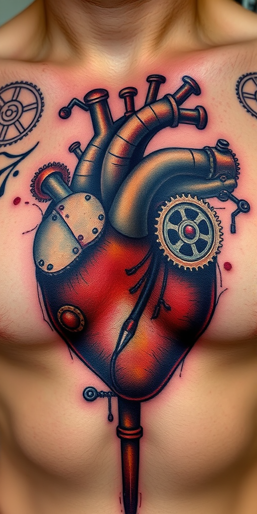 Steampunk-inspired tattoo of a mechanical heart on the chest, with gears, valves, and pipes in various metallic hues and rust effects