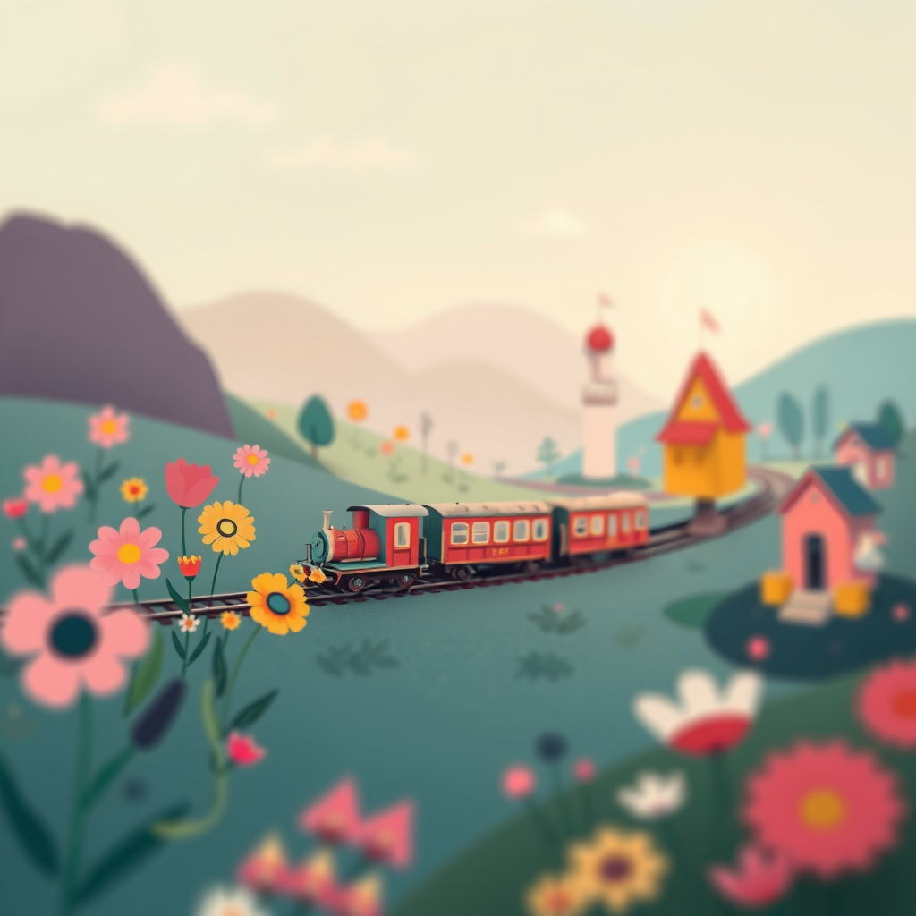 regenerate a whimsical landscape illustration featuring abstract flowers, a train on a winding track, and stylized buildings, using a Canon EOS 5D Mark IV, f/8 aperture, 50mm lens, soft focus style, high dynamic range settings for enhanced image quality