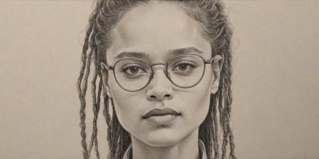 Splendid Sasha Lane, pencil sketch, portrait of Magnificent woman 1977s in glasses, hair style beatnik, outline, clear lines, fine lines, 8k