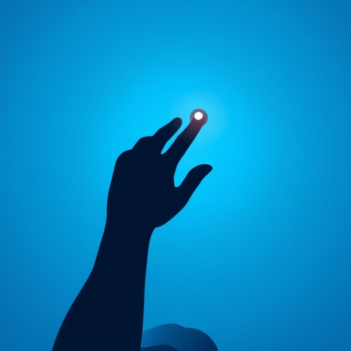 Create a digital illustration of a human silhouette with a hand touching a button on the head, using a gradient blue background, in high resolution, shot with a Canon EOS R5 at f/8, 1/60 sec, ISO 100, in portrait orientation, with soft lighting for a clean, modern look.