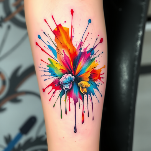 Watercolor splash tattoo dubbed "Chromatic Eruption" featuring explosive bursts of vibrant pigments that appear to drip and splatter across the skin in a colorful abstract display