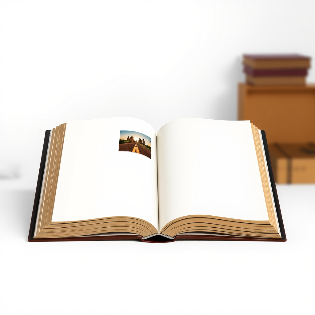 Create a detailed illustration of an open book with blank pages and a small image inserted on the left page, using a Canon EOS R5 camera with a 50mm f/1.2 lens, aperture set to f/4, 1/250 sec shutter speed, ISO 100, in a well-lit studio environment with a soft focus background.