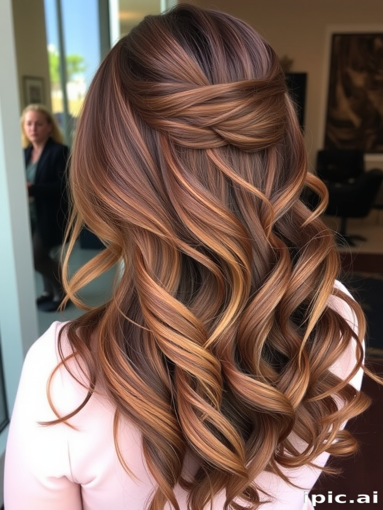 Rich chocolate brown hair with caramel and honey highlights forms the base of the "Mocha Swirl" look. Long, cascading layers are styled in loose, romantic curls that fall gracefully down the back. A few face-framing pieces are gently twisted and pinned back, creating an elegant, effortless appearance perfect for any occasion.