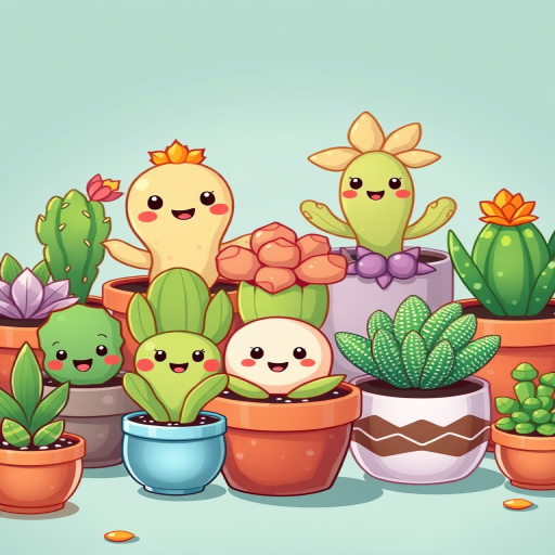 Create a high-resolution digital illustration of cute cartoon plants in pots, focusing on a variety of species including cacti and succulents, with vibrant colors and facial expressions, shot with a 50mm lens at f/2.8, using a soft focus background to enhance depth.