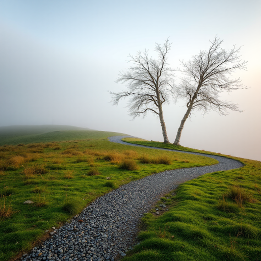 A serene landscape with two birch trees on a misty hill, gravel path winding through the scene, early morning light, soft focus, taken with a DSLR camera, aperture f/8, shutter speed 1/125 sec, ISO 200, wide-angle lens, natural colors, high dynamic range.