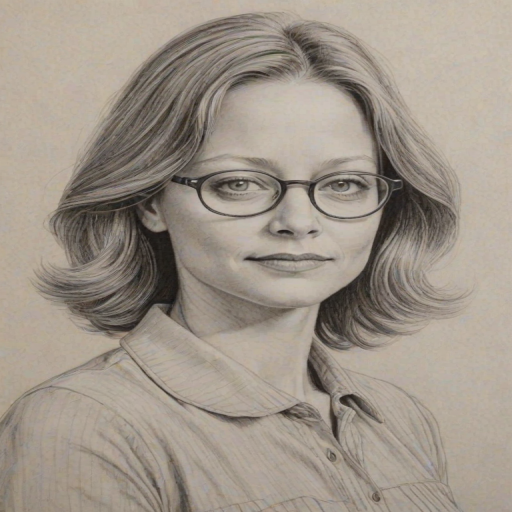 Resplendent Jodie Foster, pencil sketch, portrait of Attractive woman 1944s in glasses, hair style beatnik, outline, clear lines, fine lines, 8k